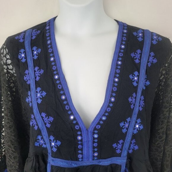 FREE PEOPLE Womens LARGE Shirt Blouse Boogie All Night Lace Black Blue - Picture 2 of 12